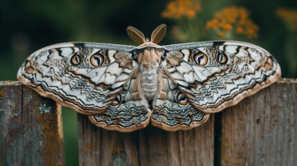 Poster - A close-up of a moth resting on a wooden fence, wings spread wide to display intricate patterns