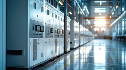 Aufkleber - A row of white and black high-end modern power cannons were neatly arranged in the center of an industrial building with light blue walls. technology and luxury. modern design. Generative AI.