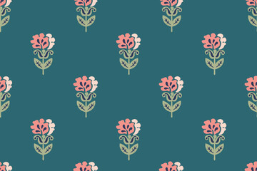 floral ethnic ikat seamless pattern traditional design for background, carpet, wallpaper, clothing, wrapping, fabric, vector illustration, embroidery style, Ajrakh, block print, batik print allovers