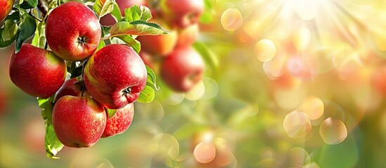 Aufkleber - Red apples hanging from a branch of an apple tree in the garden with copy space image.