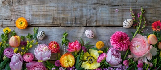 Poster - Celebrate Easter with vibrant flowers against a rustic wooden backdrop, featuring copy space image.