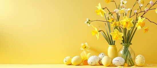 Sticker - Easter-themed arrangement featuring bright yellow daffodils and eggs set against a yellow backdrop with ample copy space image.