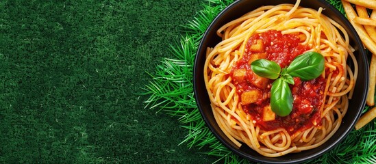 Aufkleber - An image showing spaghetti with pork tomato sauce and French fries on a pan placed on artificial grass, ideal as a menu background with space for text.