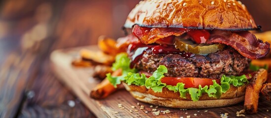 Poster - Close-up of a delicious burger topped with bacon on a rustic wooden board, with a designated area for text in the image.