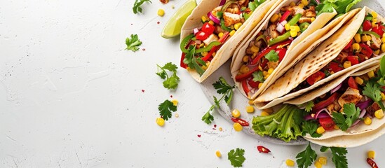 Sticker - Mexican tacos with chicken, veggies, tortillas, salad, and corn on a white background with a flat lay top view showcasing its ingredients and copy space image.