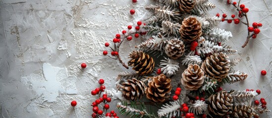 Poster - Top-down view of a Christmas tree made of twigs, adorned with brown pine cones, red berries, and snow, allowing for text placement in the image.