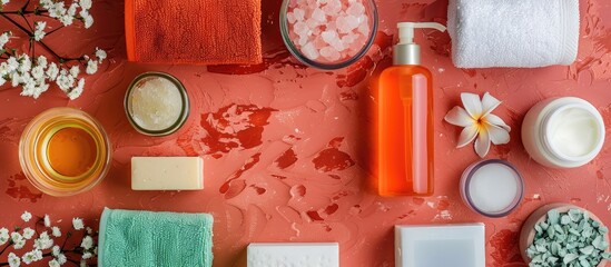 Sticker - Spa kit with a range of toiletries including soap bar, shampoo, shower gel, body milk, and a towel, presented in a top view copy space image.