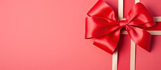 Aufkleber - A red rolled ribbon with a bow isolated on colorful background, seen from above. Flat lay style with copy space image.