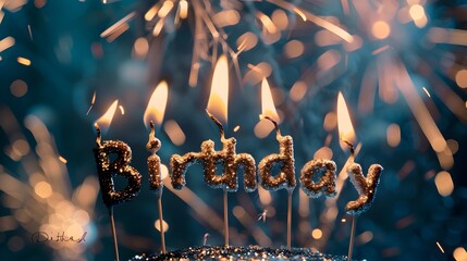 Canvas Print - Glittering 'Happy Birthday' Text with Vibrant Fireworks Backdrop