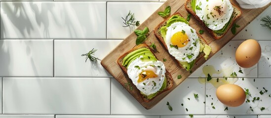 Poster - Healthy breakfast concept featuring avocado toast topped with a poached egg on a wooden board set against a white tiled backdrop; shot from above, with ample copy space image available.