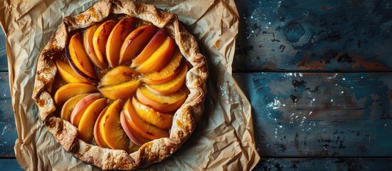 Poster - Light background with a raw peach galette on parchment, providing ample copy space image.