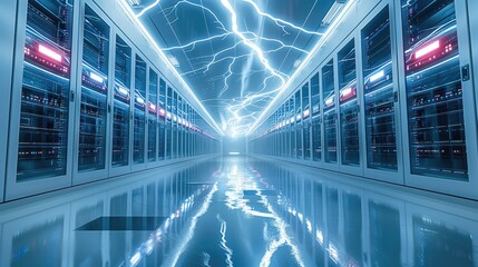 Poster - Data center, white lightning. Generative AI.