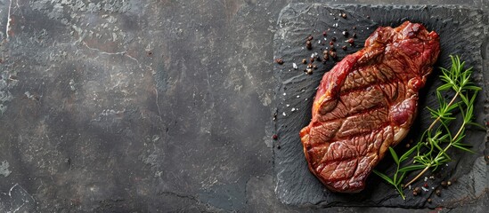 Poster - Freshly dry-aged Club Steak displayed on a grey stone background with ample space for text next to it.
