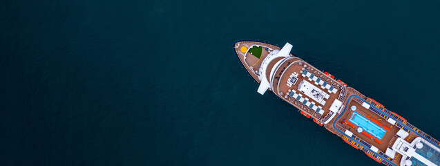 Sticker - Aerial view cruise ship traveling over the ocean, Cruise ship liner cruise ship luxury cruise in the ocean, Luxury tourism travel on holiday take vacation time.