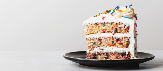Poster - Half-eaten birthday cake on a black plate against a white backdrop with a blank area for text or images.