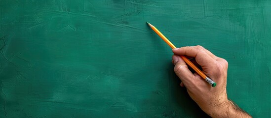 Fototapete - Hand of a man holding a pencil with a green background for copy space image.