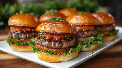 Wall Mural - Get close-up shots of a plate of gourmet sliders, featuring mini burgers topped with cheese, lettuce, tomato, and a dollop