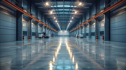Poster - Modern warehouse with large machines and lighting in the main floor. Generative AI.