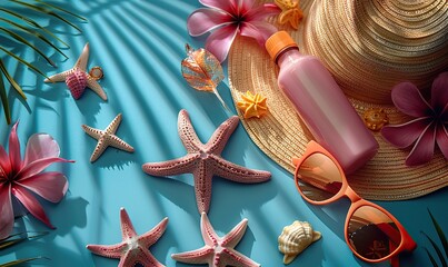 Wall Mural - summer essentials flat lay a minimalistic, vibrant image featuring essential items for a day at the beach sunscreen lotion, a bright orange cap trendy sunglasses, an pink sand toy.illustration