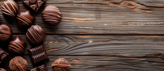 Poster - Delicious chocolate candies displayed on a rustic wooden surface from above, with space for text or design in the background image.