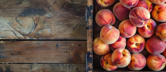 Poster - Ripe organic peaches piled on a wooden tray background with top view and close-up shot, emphasizing copy space image for conveying a clean eating concept.