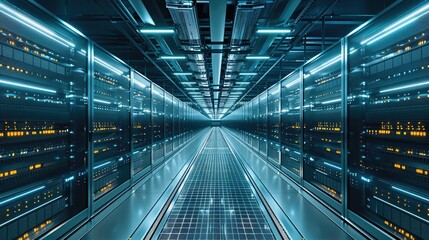 Fototapete - A giant Data Center with hundreds of corridors. Generative AI.