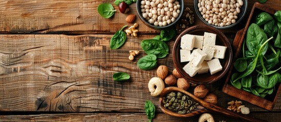 Poster - Varieties of plant-based protein sources like tofu, beans, nuts, and spinach are commonly found in vegan diets, against a rustic wooden backdrop with room for additional elements like text or images.