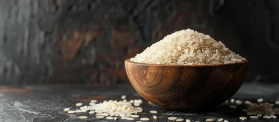 Canvas Print - Raw rice in a wooden bowl, a nutritious choice with a copy space image.