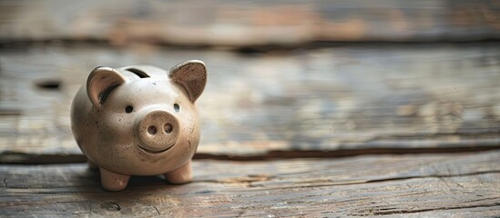 Poster - Piggy bank and coin placed on a weathered wooden table providing ample copy space for an image.