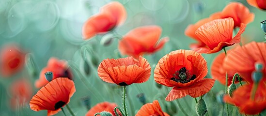 Poster - Blooming red poppy flowers in the countryside with a copy space image available for text integration.