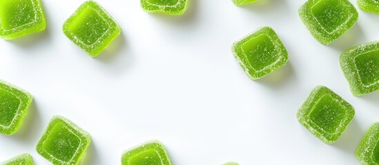 Poster - An array of green gummy candies presented in a frame on a white background in a top-down perspective offers room for text or design in the copy space image.