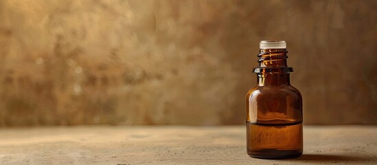 Poster - Close-up capture of a glass bottle with essential oil on a dark beige backdrop, offering a blank space for text in the image.
