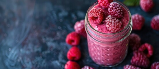 Poster - Glass jar with a raspberry smoothie, topped with fresh raspberries; there is space for copying in the image.