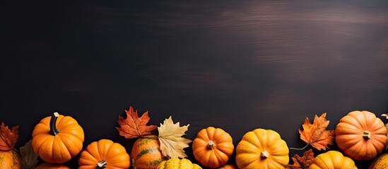 Poster - Top view of pumpkins on an autumn-themed background suitable for text with copy space image.