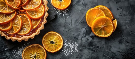 Poster - An orange tart with caramelized slices on a gray backdrop, offering room for text or additional images. Top view of the citrus dessert.
