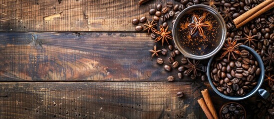 Aufkleber - Wooden table background with a coffee cup filled with coffee beans, cinnamon, and star anise, providing an appealing copy space image.