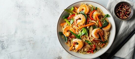 Poster - A bowl containing stir-fried noodles, veggies, and shrimp, set against a simple background ideal for adding text or other elements - a copy space image.
