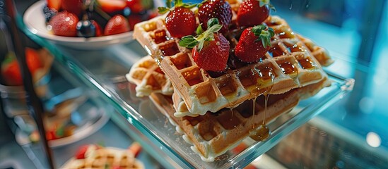 Poster - Fresh mint garnishes enhance Belgian waffles drizzled with honey and strawberries, displayed on a glass shelf in a bottom view image with copy space.