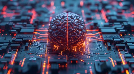 Poster - A digital rendering of a human brain placed on a glowing circuit board. The image represents the intersection of technology and human intelligence.