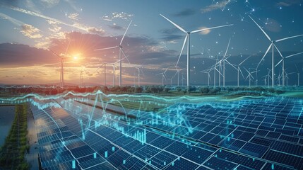 Aufkleber - Flowing data at a solar and wind park in the future. Generative AI.