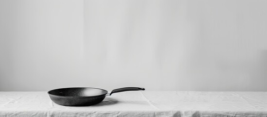 Wall Mural - A lone pan resting on a table against a white backdrop with a clear space for an image.