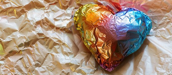 Poster - A colorful chocolate heart lies on a Valentine's Day-themed wrapper, suitable for a copy space image.