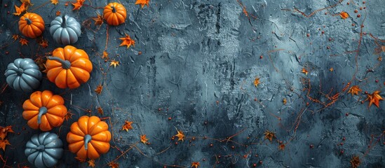 Poster - A Halloween-themed background with pumpkins on a stone surface seen from above, featuring a blank area for text in the image.