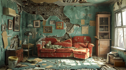 Wall Mural - A room with a red couch and a bookcase