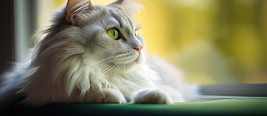 Poster - A lovely gray-white cat with striking green eyes relaxes on a bed in the kitchen, gazing out the window, creating a close-up macro portrait with a pet love theme, perfect for a copy space image.