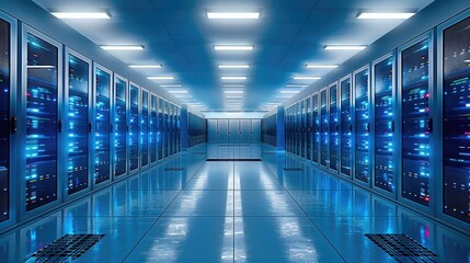 Fototapete - A large server rooms with blue screens and LED indicators, highlighting the need for more storage and data management, modern and sleek design. Generative AI.