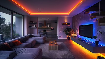 Sticker - Create a minimalist modern living room with a low-profile sofa, a minimalist TV stand, and LED strips installed along