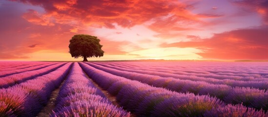 Aufkleber - Gorgeous lavender field scene set against a summer sunset with a vast copy space image.