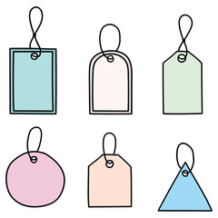 Hand drawn cartoon set of colored sales tags on white background.