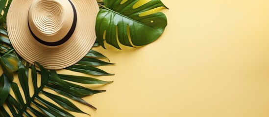 Poster - Summer holidays depicted with a flat lay top view featuring a tropical leaf and a straw hat, creating a summer concept with ample copy space image included.